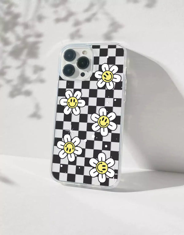 Cute Smiley Face Flower Case for iPhone 14 13 12 11 Pro Max Retro Case iPhone 15 14 13 12 Checkered Case XS Max iPhone XR 7 8 Plus SE 20