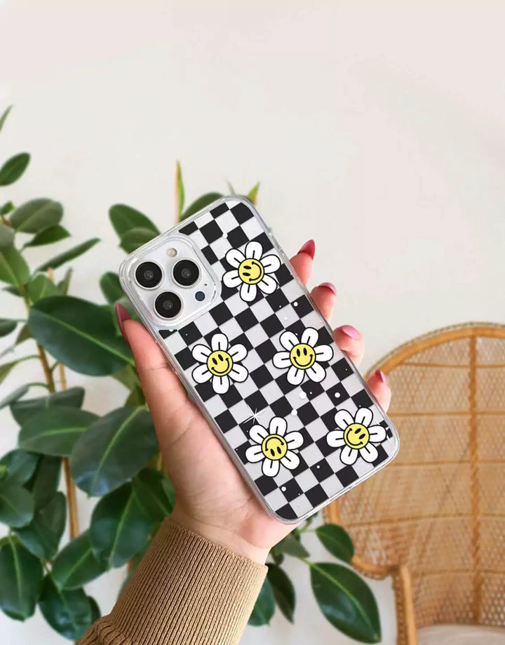 Cute Smiley Face Flower Case for iPhone 14 13 12 11 Pro Max Retro Case iPhone 15 14 13 12 Checkered Case XS Max iPhone XR 7 8 Plus SE 20