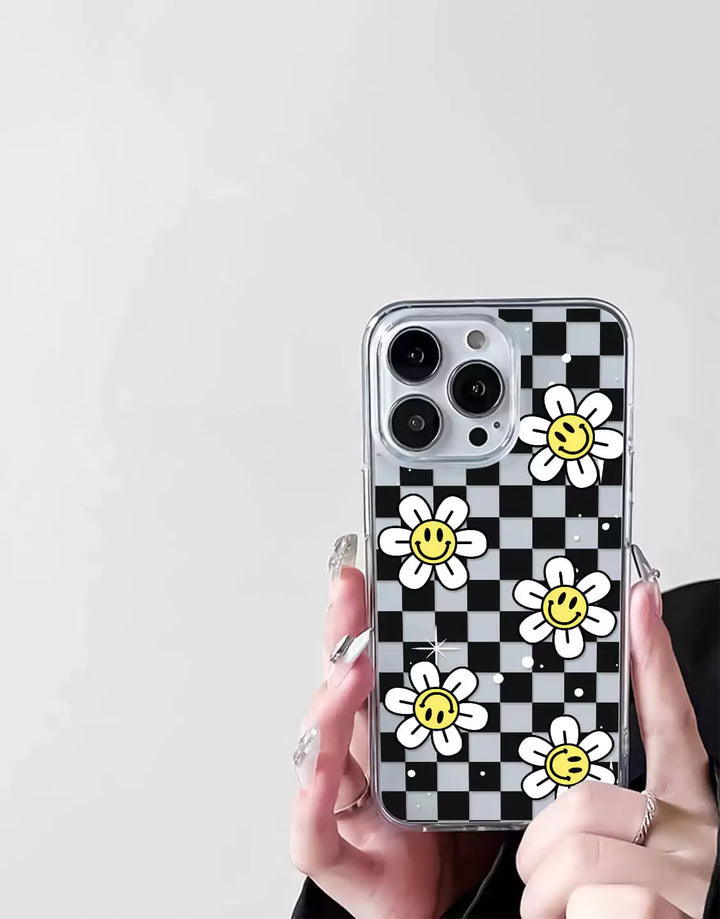 Cute Smiley Face Flower Case for iPhone 14 13 12 11 Pro Max Retro Case iPhone 15 14 13 12 Checkered Case XS Max iPhone XR 7 8 Plus SE 20