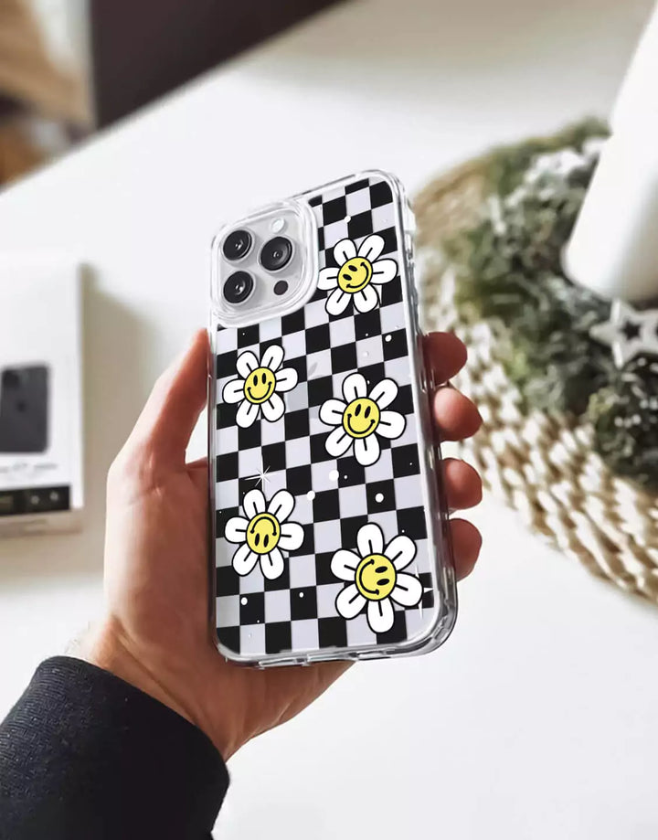 Cute Smiley Face Flower Case for iPhone 14 13 12 11 Pro Max Retro Case iPhone 15 14 13 12 Checkered Case XS Max iPhone XR 7 8 Plus SE 20