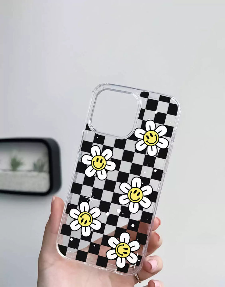 Cute Smiley Face Flower Case for iPhone 14 13 12 11 Pro Max Retro Case iPhone 15 14 13 12 Checkered Case XS Max iPhone XR 7 8 Plus SE 20