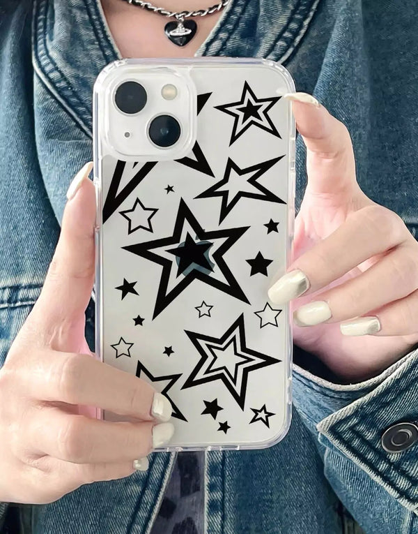 Grunge Black Stars Clear Phone Case for iPhone 15 14 13 12 11 Pro Max iPhone 15 14 13 12 11 Pro Aesthetic Case iPhone X XS Max 7 8 Plus SE2 Case