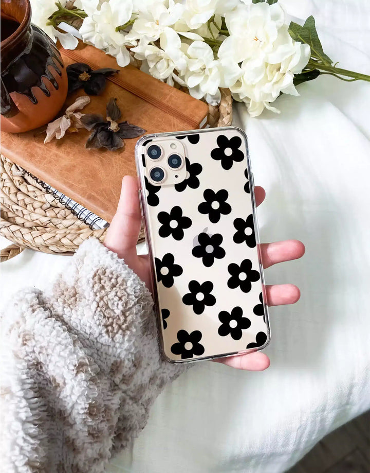 Cute Black Flower Phone Case for iPhone 15 14 13 12 11 Pro Max Aesthetic Clear Case iPhone 15 14 13 Clear Case XS Max iPhone XR 7 8 Plus SE