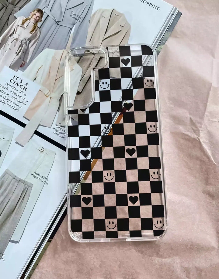 Cute Indie Black Heart Phone Case for Samsung Galaxy S24 S23 S22 S21 S20 FE Plus Aesthetic Checkered Case S20FE S21 FE S22 Ultra Case S21 Plus