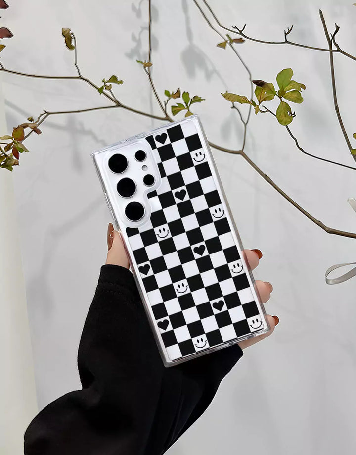 Cute Indie Black Heart Phone Case for Samsung Galaxy S24 S23 S22 S21 S20 FE Plus Aesthetic Checkered Case S20FE S21 FE S22 Ultra Case S21 Plus